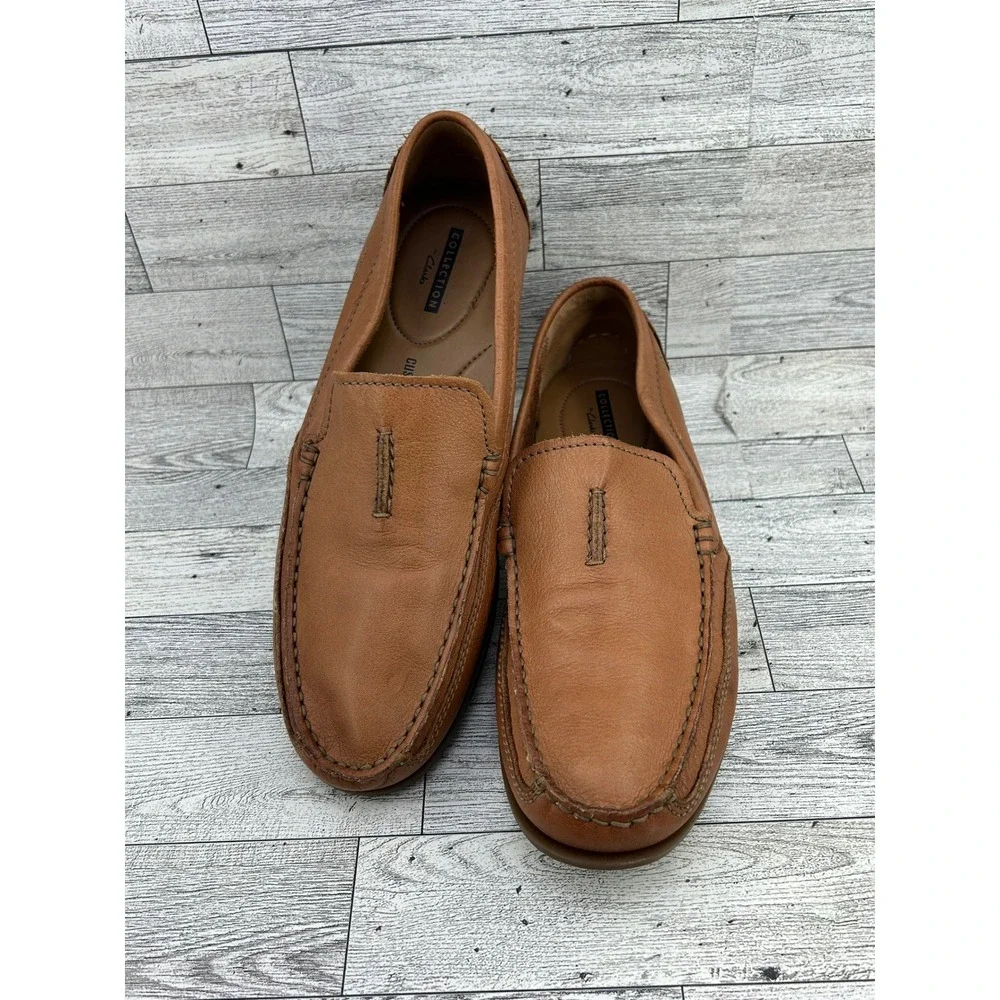 Clarks Men Tan Leather Slip On Loafers‎ Cushion Soft Shoes Sz 8.5M 261342907075